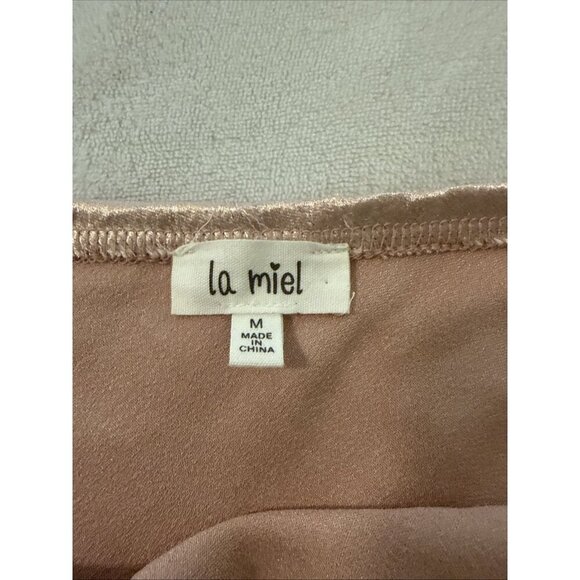 La Miel Size Medium A-Line Midi Skirt w/Side Slit 90s Rose Gold Shiny Satin - Picture 2 of 7